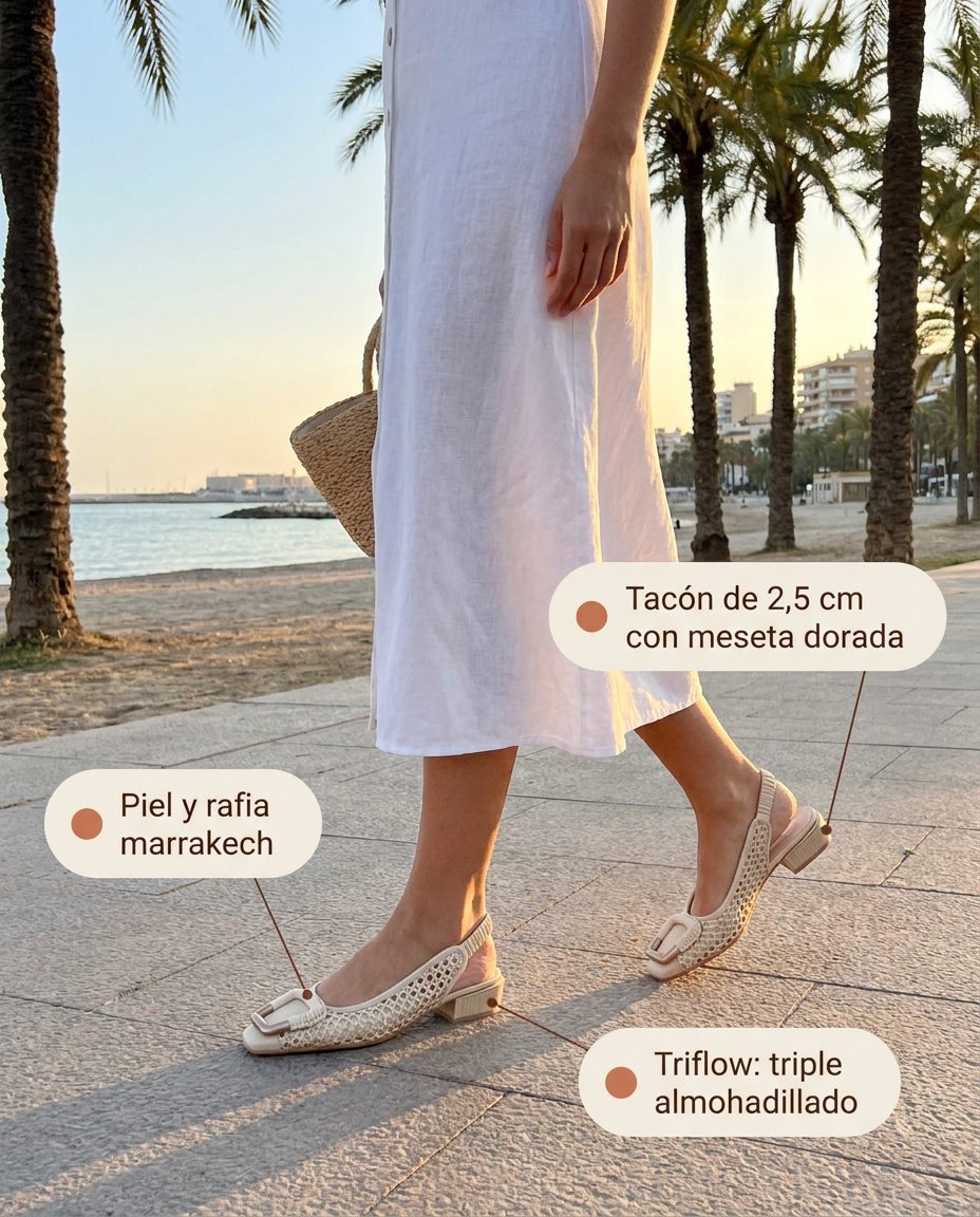 Salón destalonado Hispanitas Azucena Crema en piel y rafia marrakech, paseo marítimo en verano