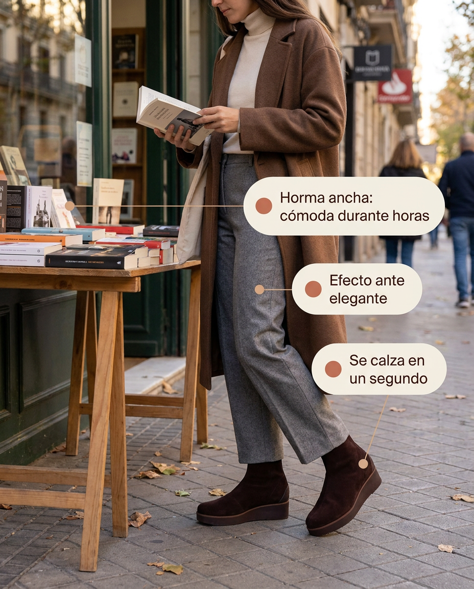 Botín Pedro Miralles Burano Marrón oscuro puesto, ojeando libros en una librería del barrio en otoño