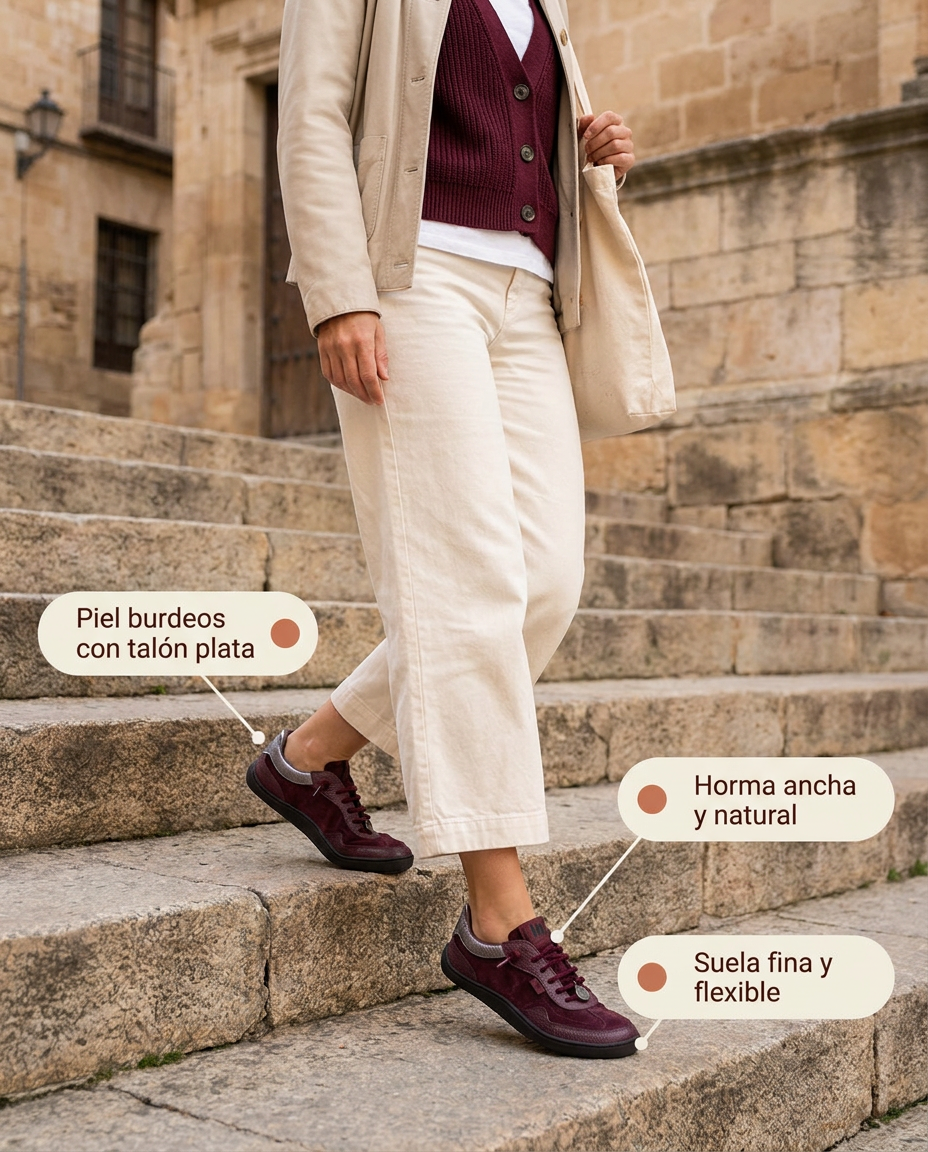 Deportiva barefoot Hispanitas Transitional Earth burdeos con talón plata y suela fina, bajando una escalinata del casco antiguo