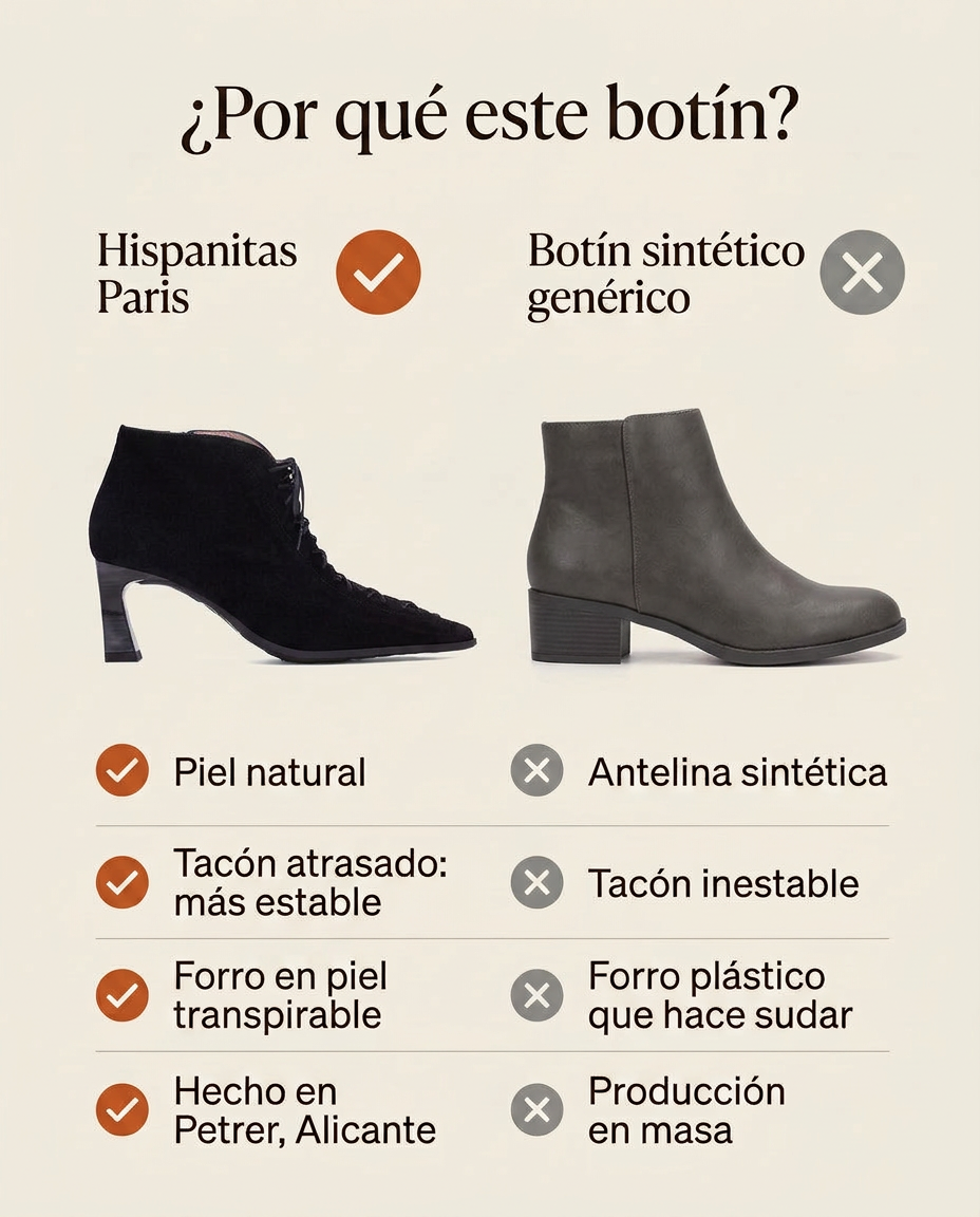 ¿Por qué este botín? Hispanitas Paris Black en piel frente a un botín sintético genérico. Hecho en Petrer, Alicante