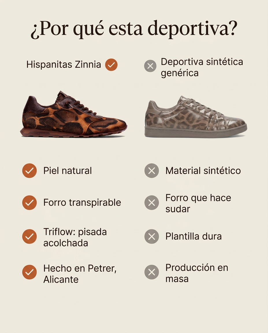 ¿Por qué esta deportiva? Hispanitas Zinnia en piel frente a una deportiva sintética genérica. Hecho en Petrer, Alicante