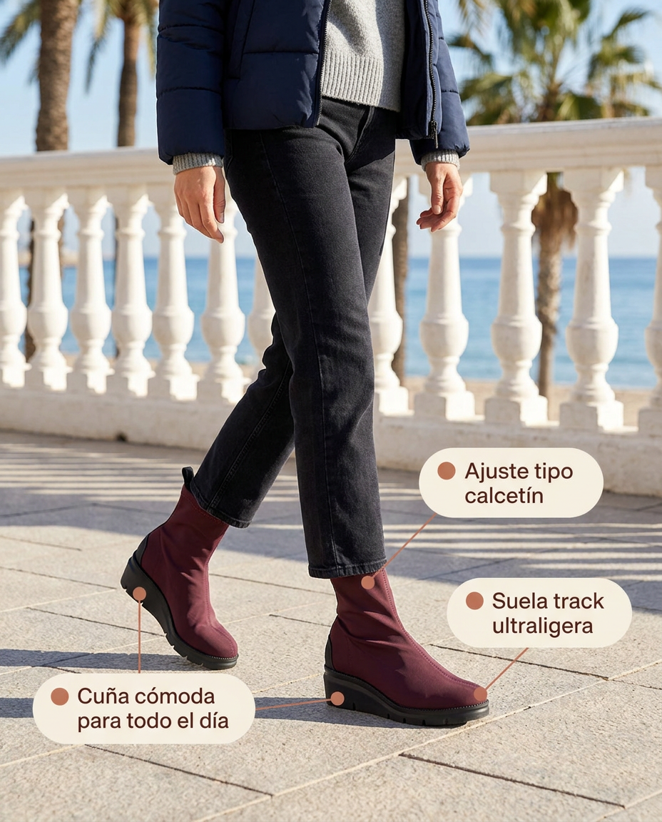 Botín Pedro Miralles Orvieto burdeos tipo calcetín con cuña ligera, paseando por el paseo marítimo en invierno