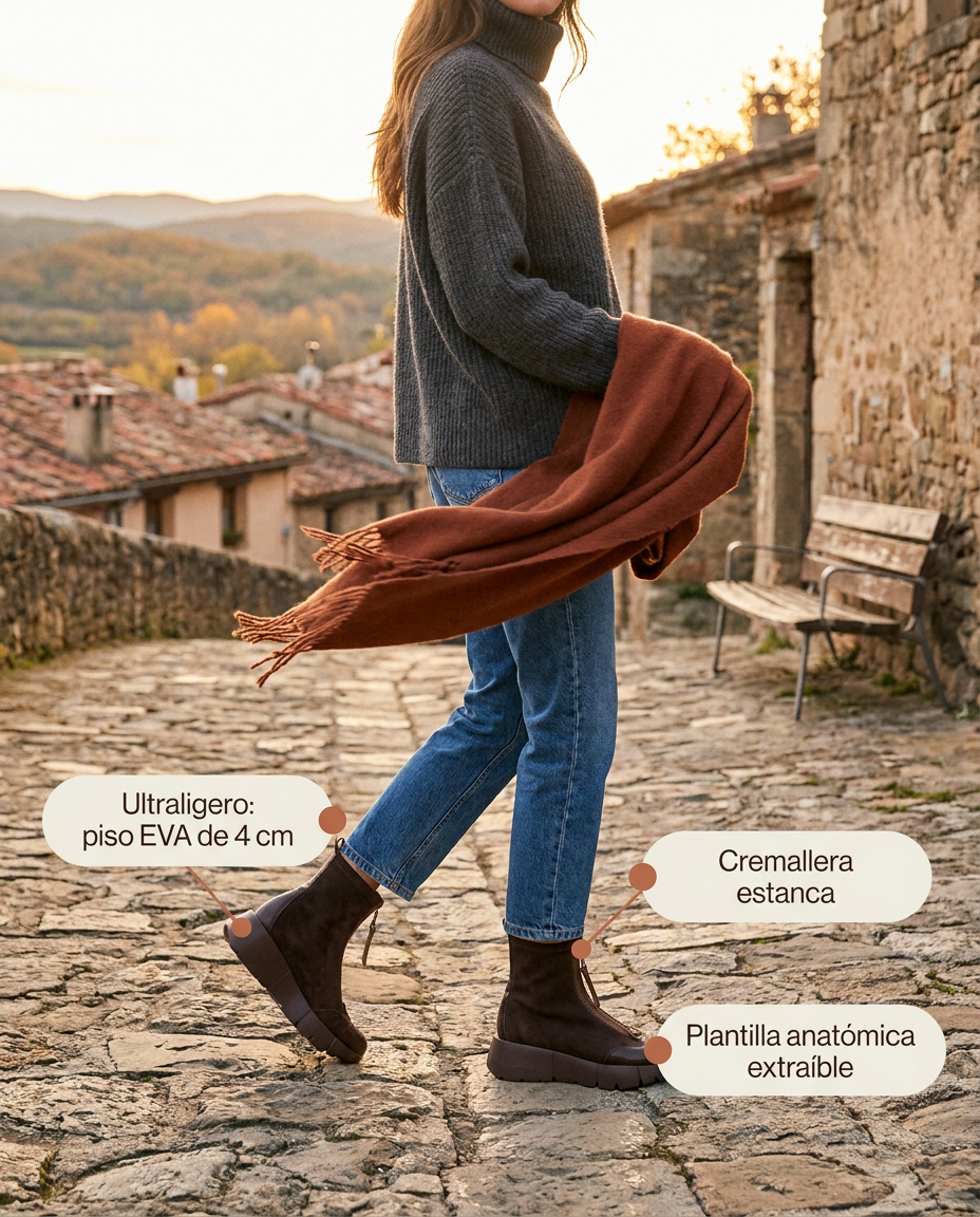 Botín Hispanitas Montana Chocolate puesto, con vaquero y jersey subiendo a un mirador al atardecer en otoño