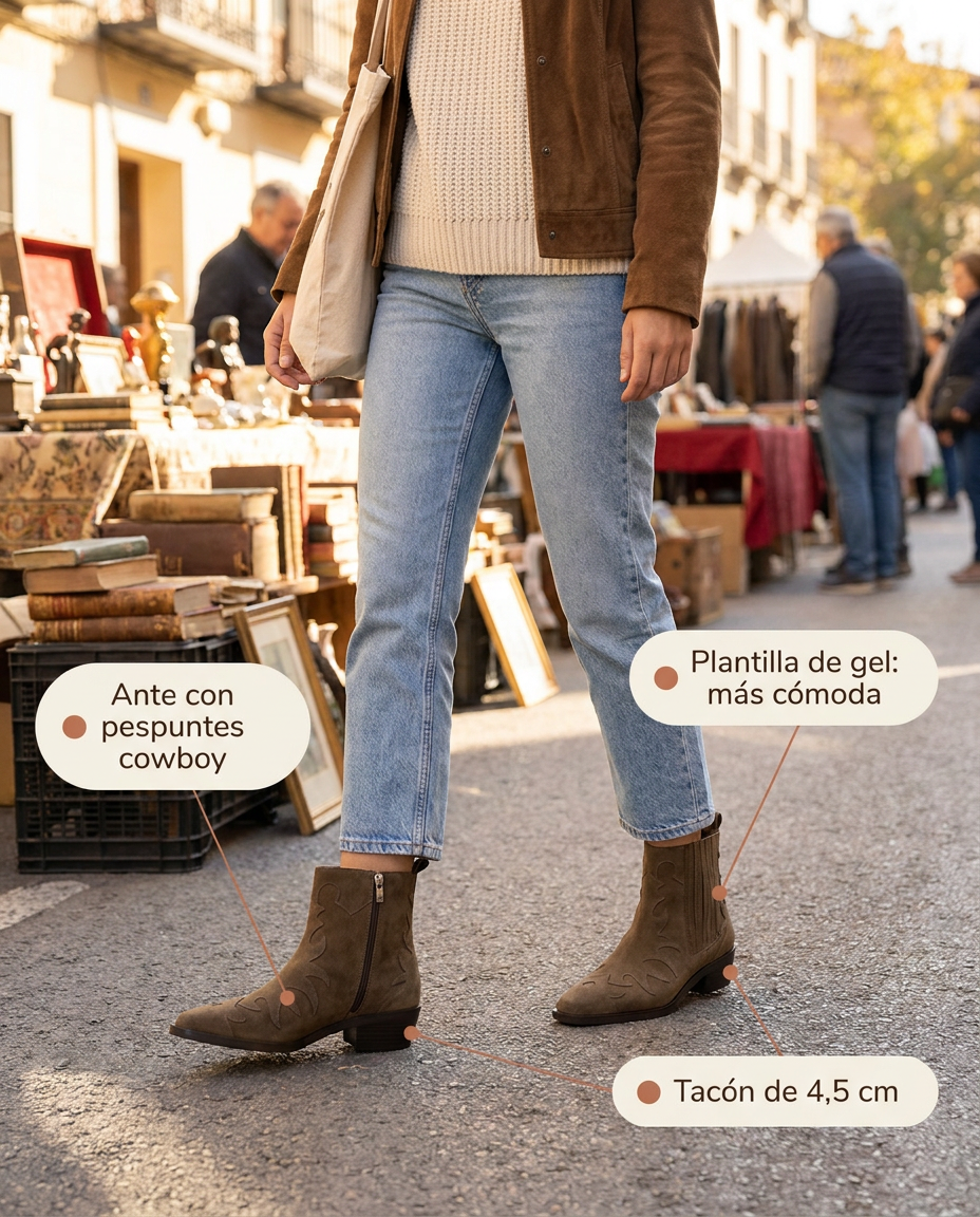 Botín cowboy Lodi Telmos taupe de ante con pespuntes western y tacón de 4,5 cm, paseando por el rastro un domingo