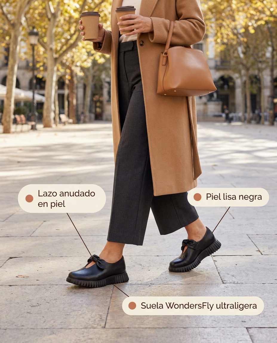 Zapato Wonders Flexfly 21 Negro de piel lisa con lazo y suela ultraligera, cruzando una plaza por la mañana con el café