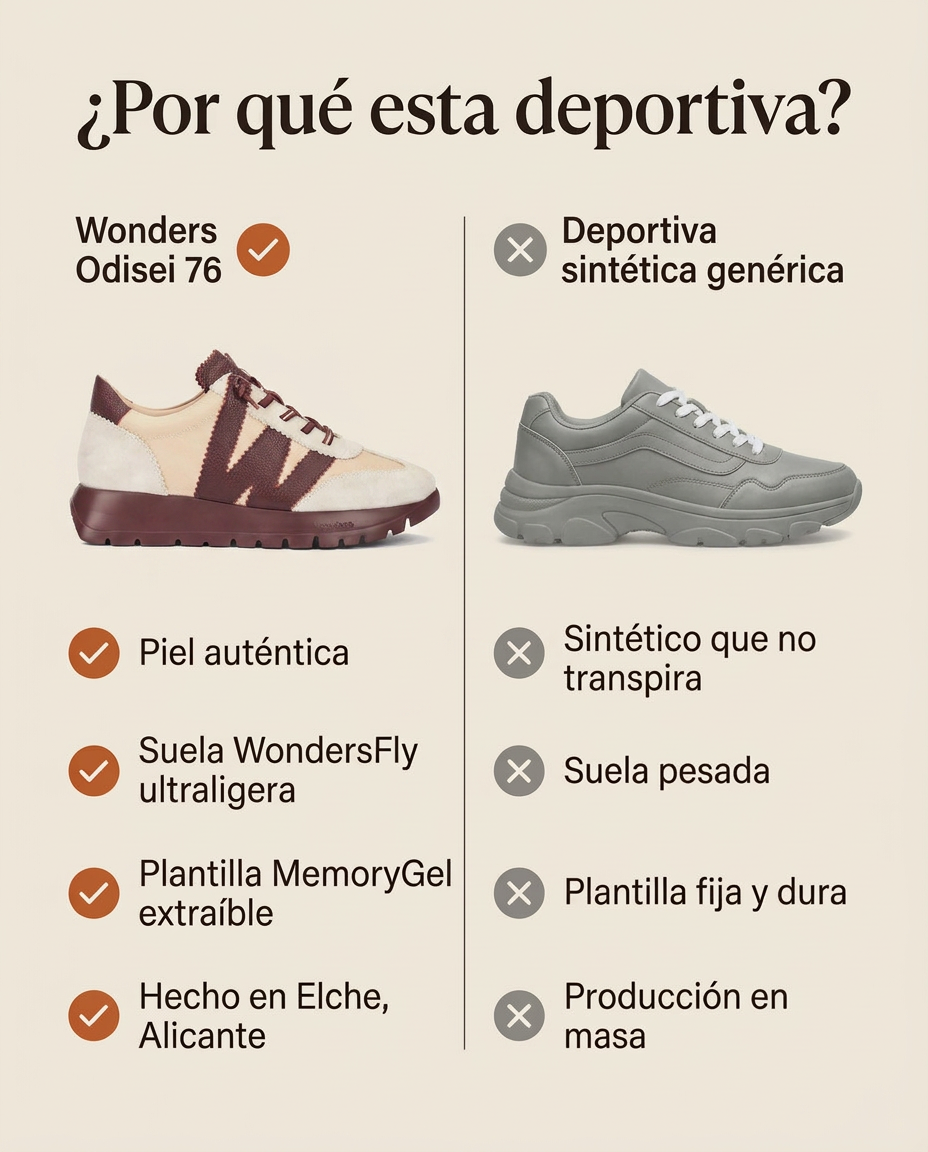 ¿Por qué esta deportiva? Comparativa de la Wonders Odisei 76 Beige Vino frente a una deportiva sintética genérica