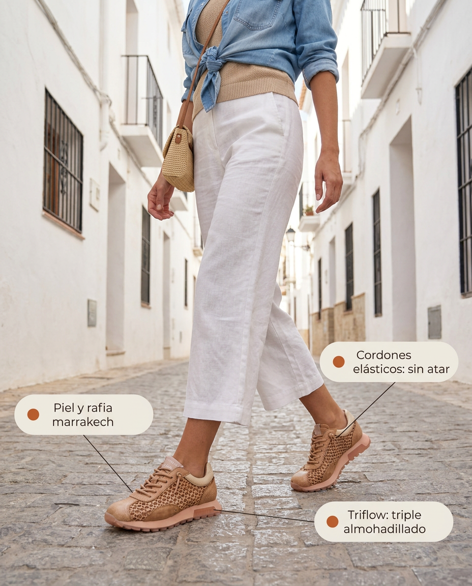 Deportiva Hispanitas Oregon Desert de piel y rafia marrakech con cordones elásticos, paseando por un pueblo blanco de la costa