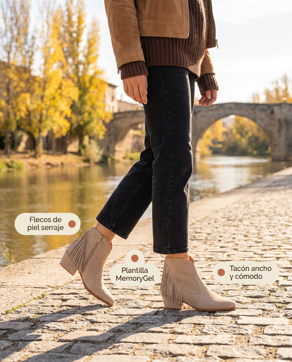 Botín cowboy Wonders Fei beige de serraje con flecos, paseando junto al río en otoño
