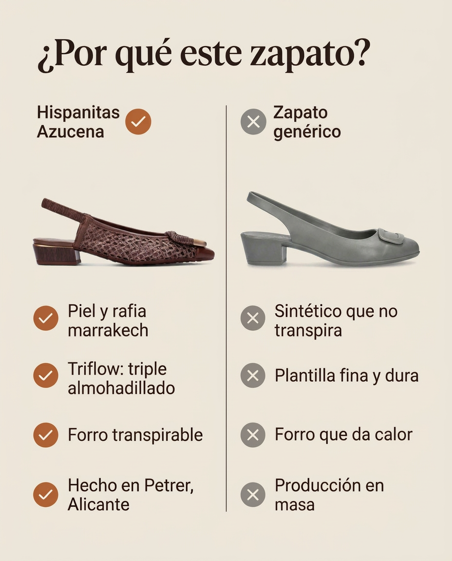 ¿Por qué este salón Azucena Avellana? Comparativa con un zapato genérico. Hecho en Petrer, Alicante
