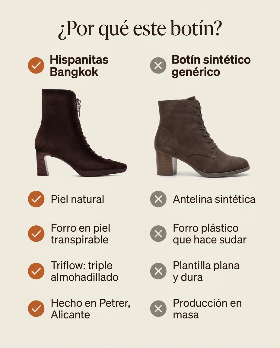 Comparativa: botín Hispanitas Bangkok en piel frente a un botín sintético genérico