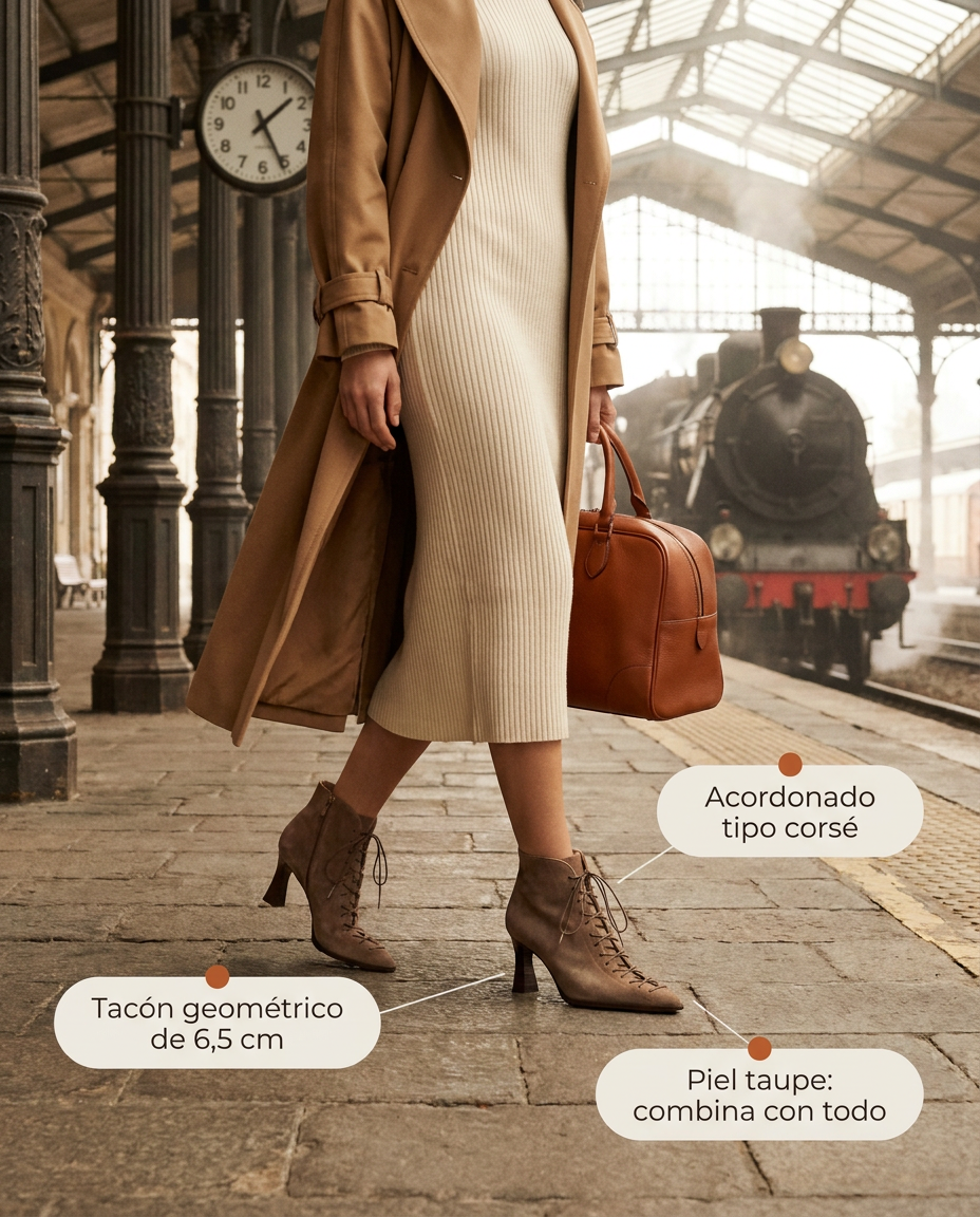 Botín Hispanitas Paris Beige Oscuro puesto, con vestido de punto y trench camel en una estación de tren en otoño
