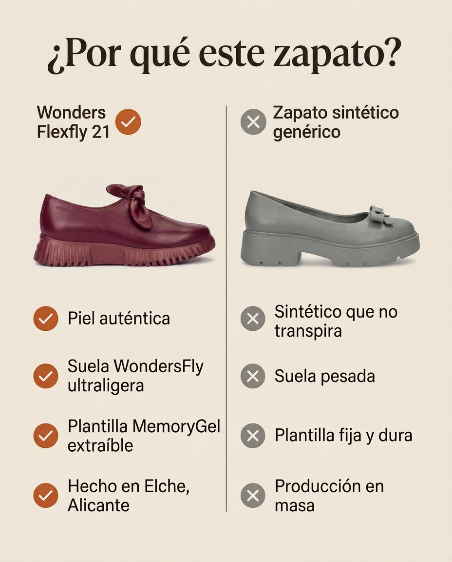 ¿Por qué este zapato? Comparativa del Wonders Flexfly 21 Burdeos frente a un zapato sintético genérico