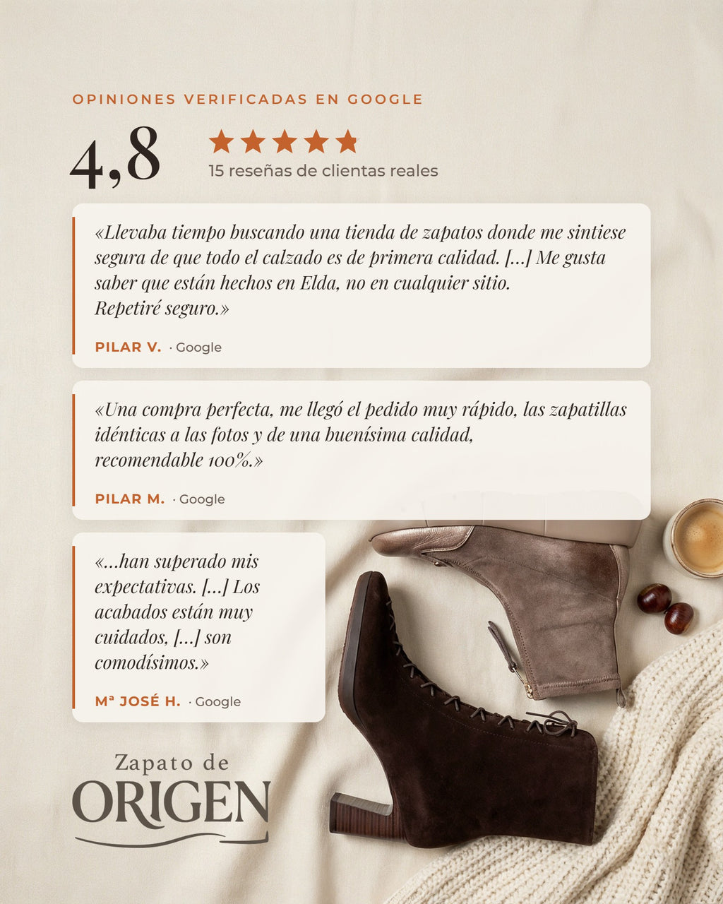 Opiniones verificadas en Google de clientas de Zapato de Origen: 4,8 estrellas