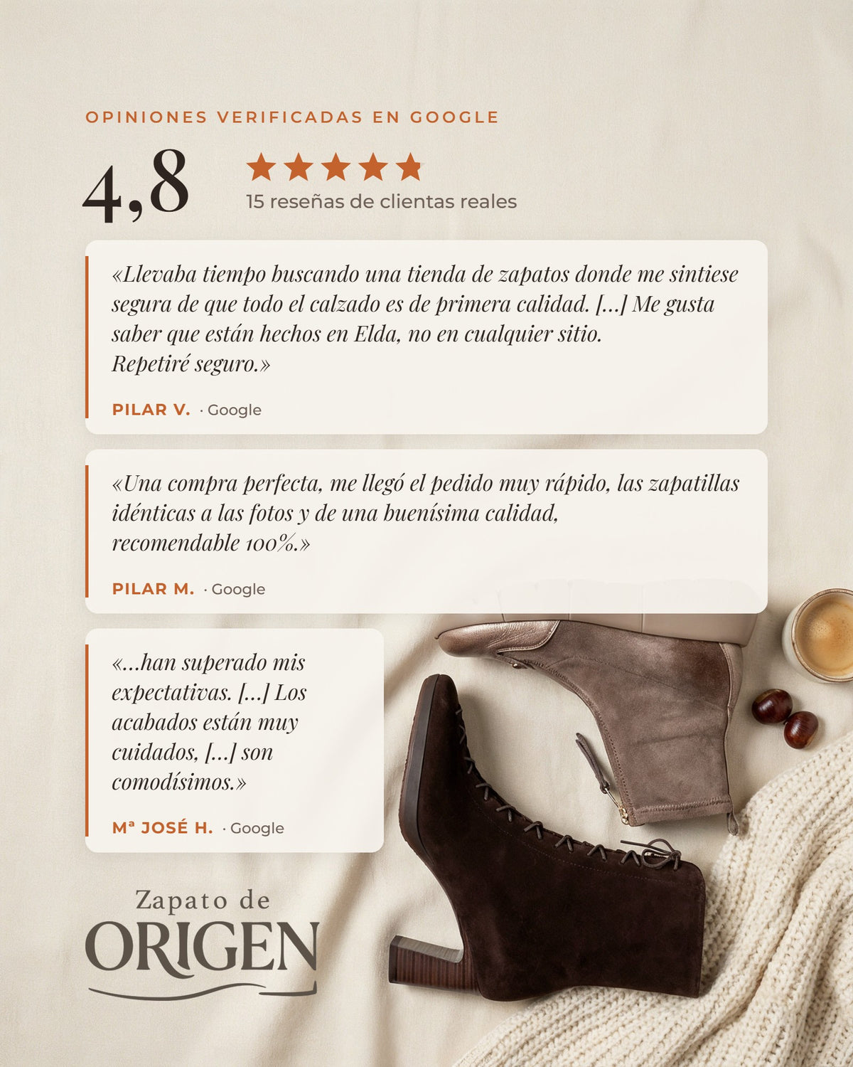 Opiniones verificadas en Google de clientas de Zapato de Origen: 4,8 estrellas