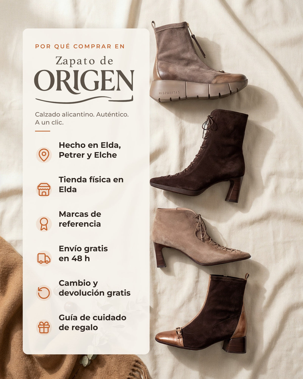 Por qué comprar en Zapato de Origen: hecho en Elda, Petrer y Elche, tienda física en Elda, envío gratis en 48 h y cambio y devolución gratis
